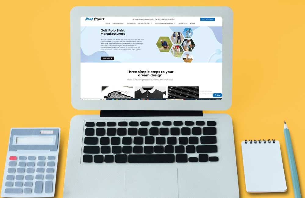 Mega sports apparel golf clothing manufacturer page screenshot on a laptop