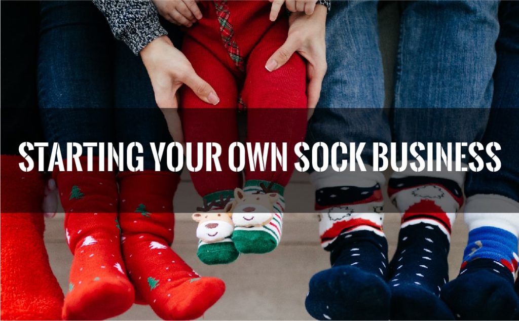 Family feet wearing festive socks in a circle with a text overlay about starting a sock business