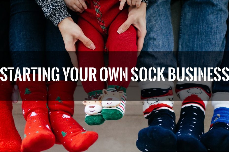 Family feet wearing festive socks in a circle with a text overlay about starting a sock business